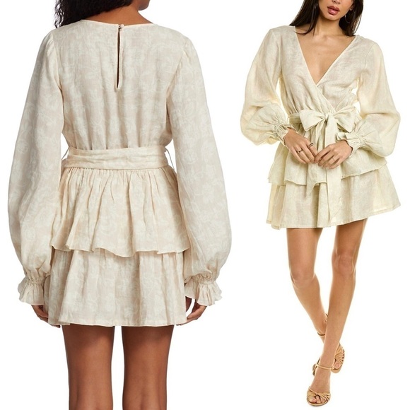 NWT RAMY BROOK Neutral Floral Linen Puff Long Sleeve Tiered Ruffle Mini Dress L - Picture 2 of 11